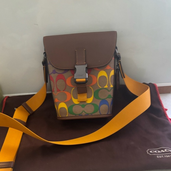 Coach Rainbow Signature Canvas Tan Crossbody Messenger Bag with Colorful Logo - Picture 2 of 10